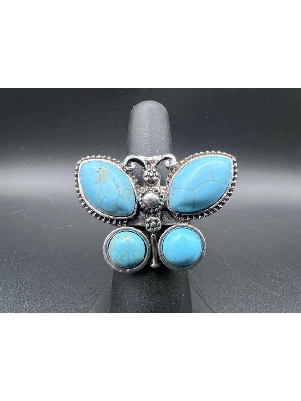 Vintage Butterfly Statement Ring Blue Cabochons Silver Tone Size 6.5